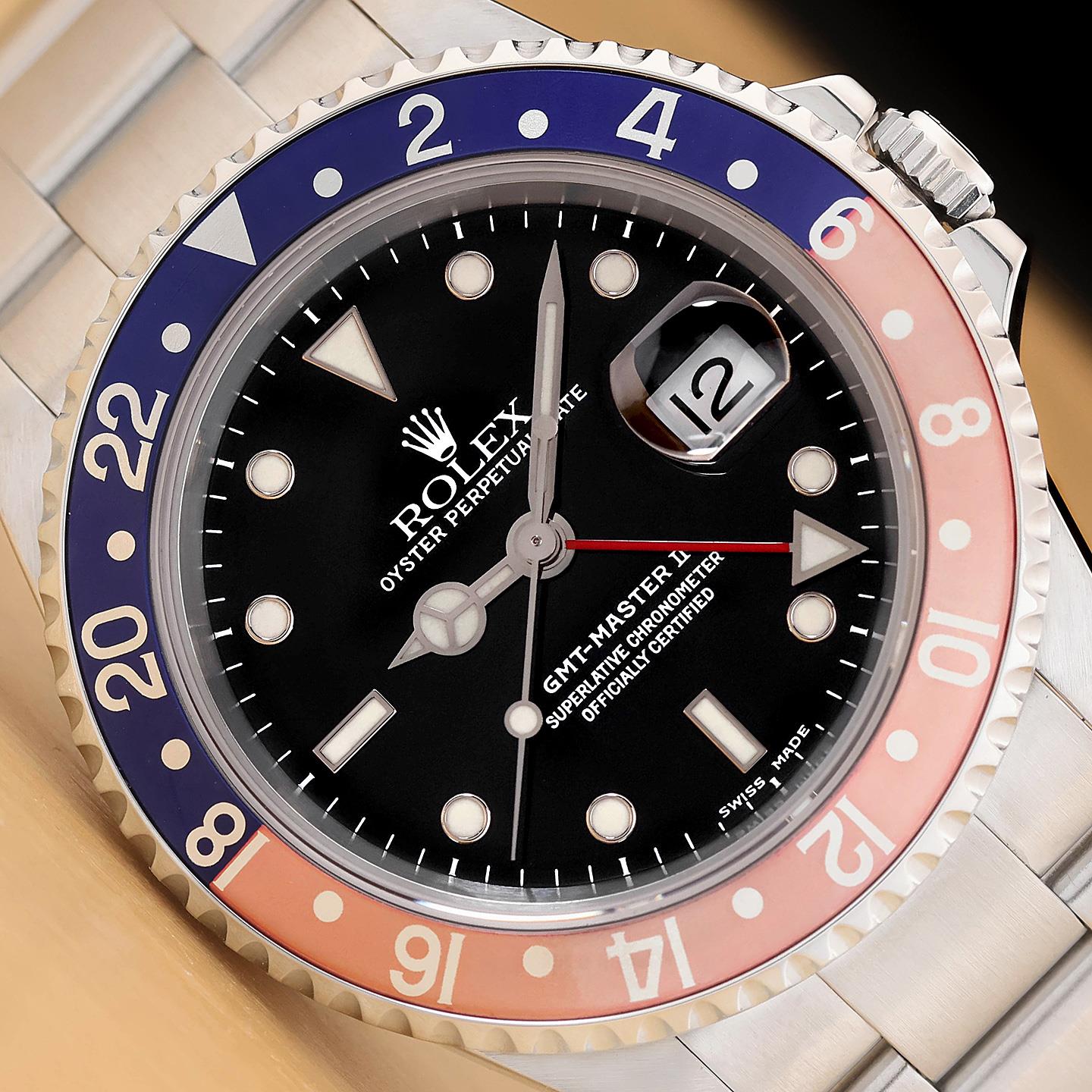 2001 ROLEX MENS GMT MASTER II 40MM 16710 PEPSI BLUE RED STEEL