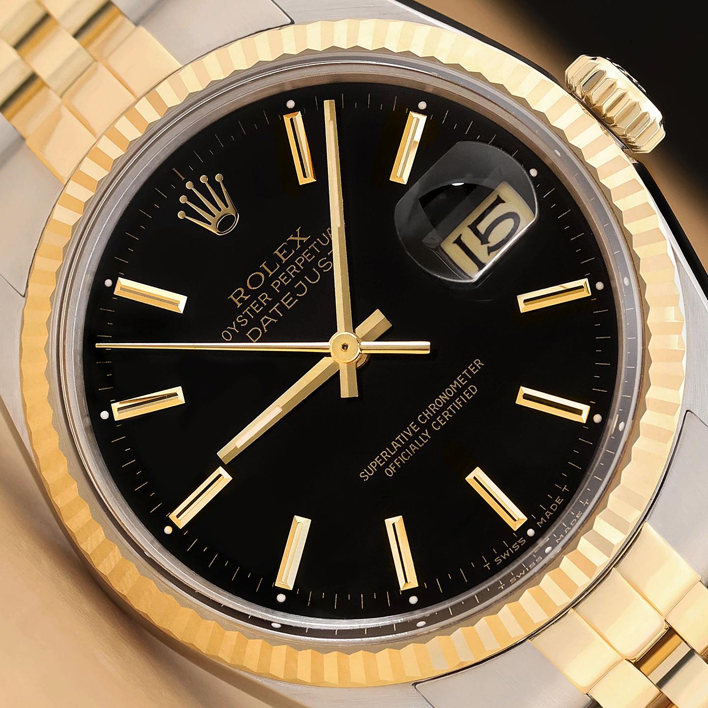 ROLEX MENS DATEJUST 16013 BLACK DIAL 18K YELLOW GOLD STAINLESS