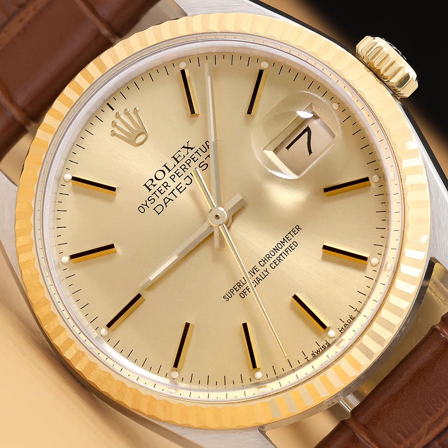 ROLEX MENS DATEJUST 16013 18K YELLOW GOLD STEEL CHAMPAGNE BROWN