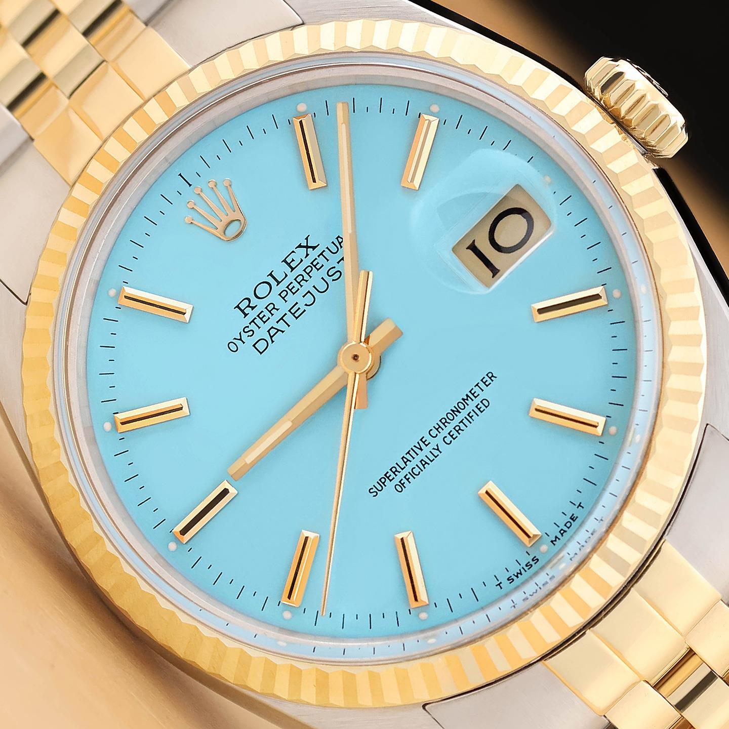 ROLEX MENS DATEJUST 16013 AQUA BLUE DIAL 18K YELLOW GOLD STAINLESS