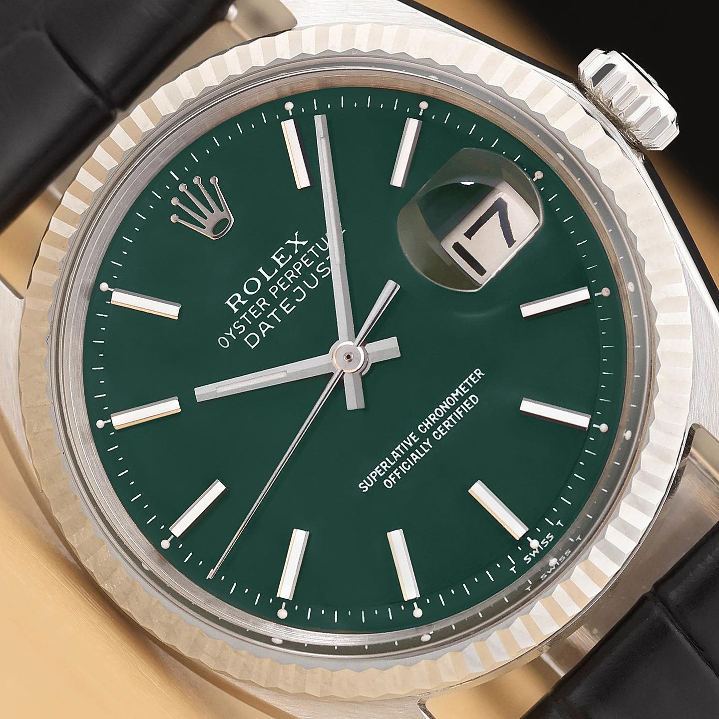 ROLEX DATEJUST 1601 GREEN DIAL 18K WHITE GOLD STEEL BLACK LEATHER