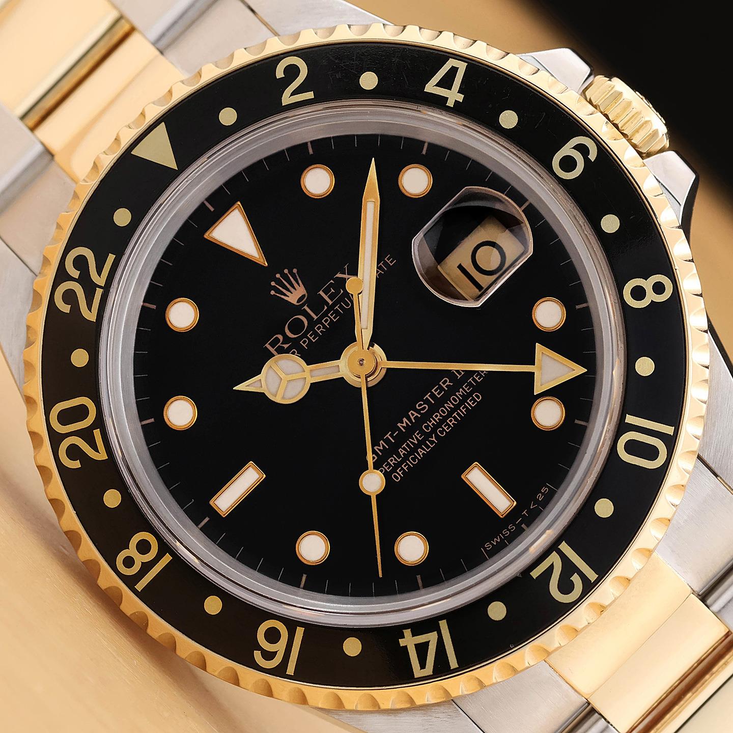 ROLEX MENS GMT MASTER II 16713 40MM 18K YELLOW GOLD STEEL OYSTER