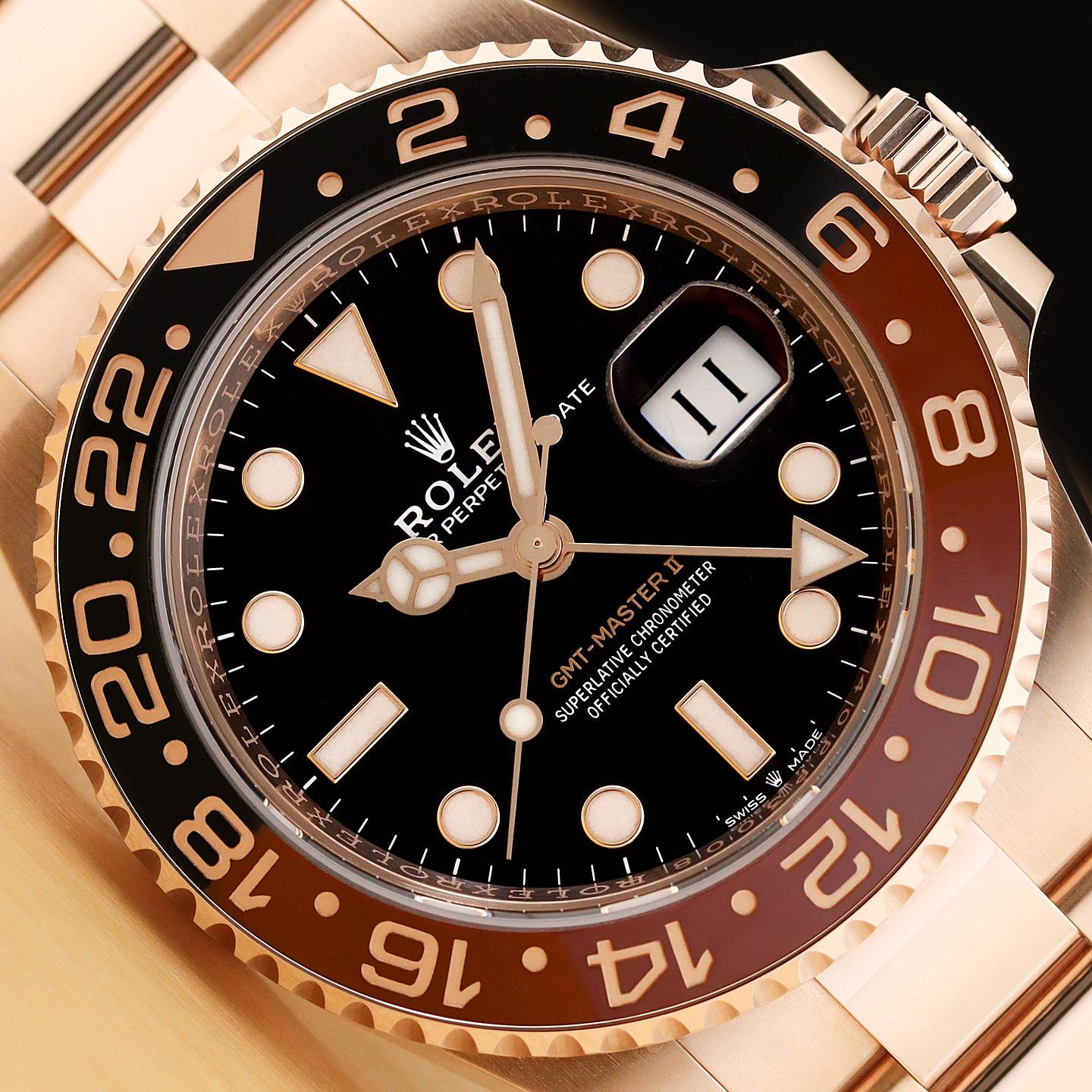 2023 CARD ROLEX MENS GMT MASTER II 126715 CHNR 18K ROSE GOLD ROOT 