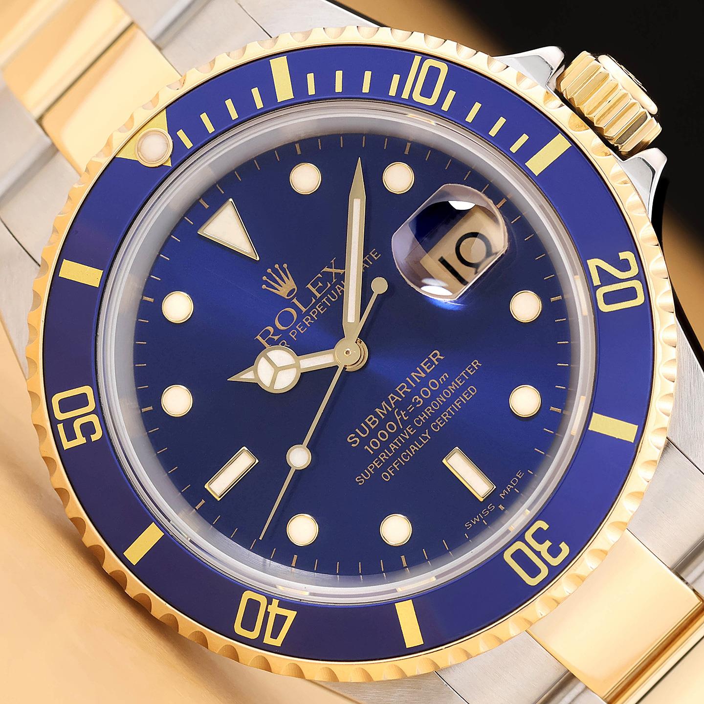 2002 ROLEX MENS SUBMARINER 16613LB 40MM BLUE DIAL 18K GOLD