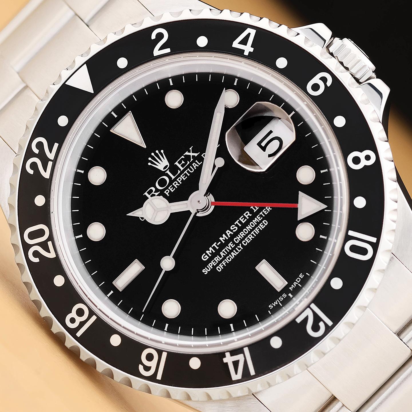 2002 ROLEX MENS GMT MASTER II 16710 BLACK DATE 40MM STAINLESS