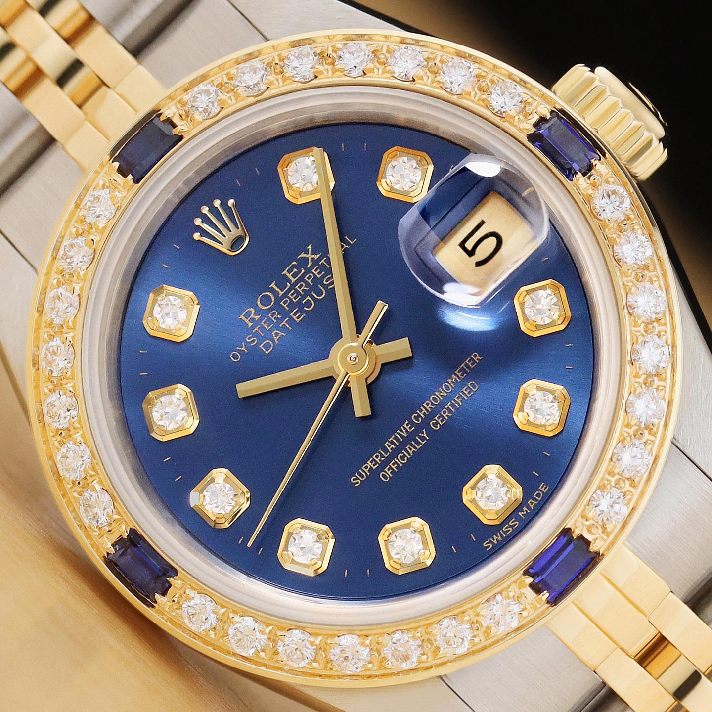 ROLEX LADIES DATEJUST 18K YELLOW GOLD DIAMOND SAPPHIRE STEEL BLUE 