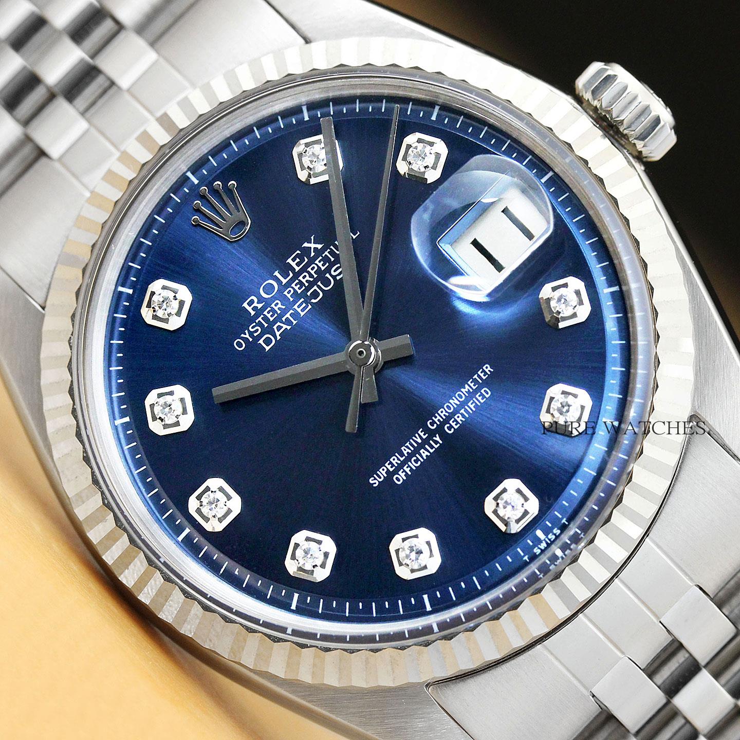 MENS ROLEX DATEJUST 18K WHITE GOLD & STAINLESS STEEL BLUE DIAMOND DIAL ...