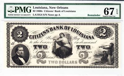 1860'S $2 Citizen Bank Of Louisiana PMG 67 SUPERB GEM UNCIRCULATED