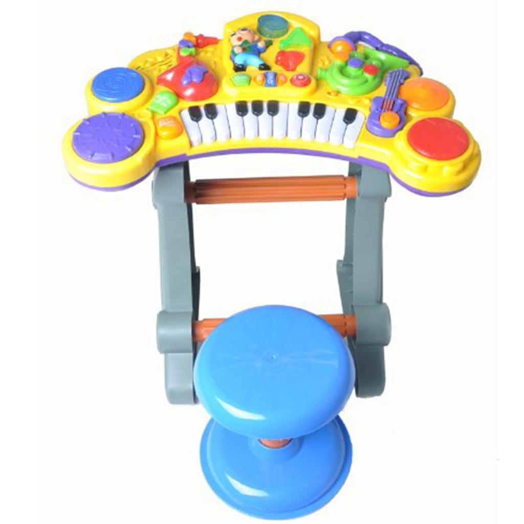2 in 1 Kids Electronic Keyboard Piano Drum Set with Microphone Stool ...