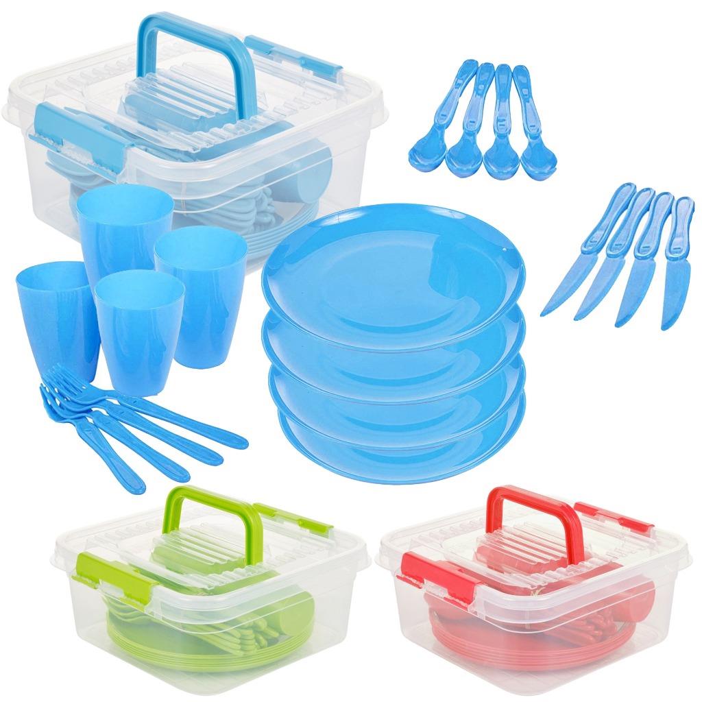 Large Plastic Picnic Camping Party Dinner Plate Mug Cutlery Set Storage