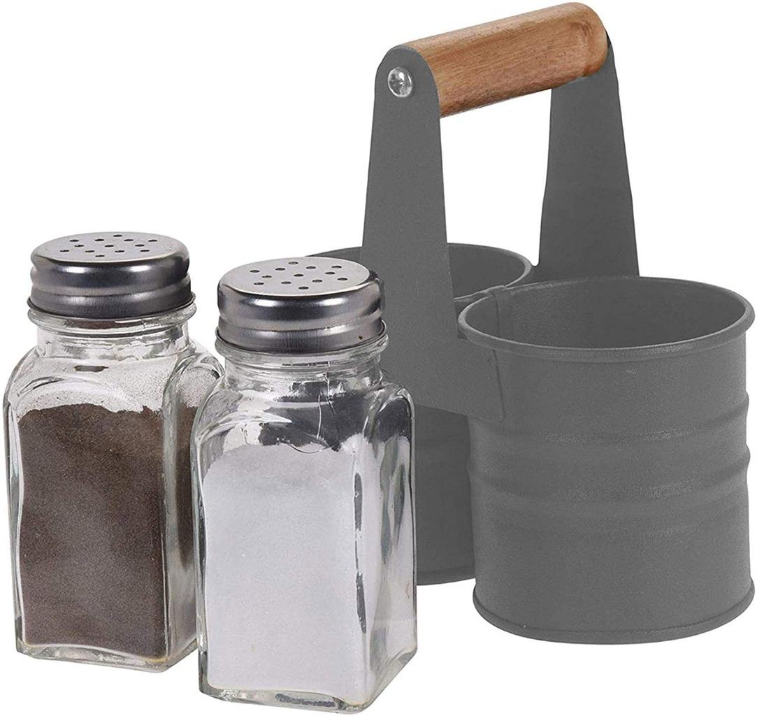 Glass Salt and Pepper Shaker Set with Metal Tin Storage Holder