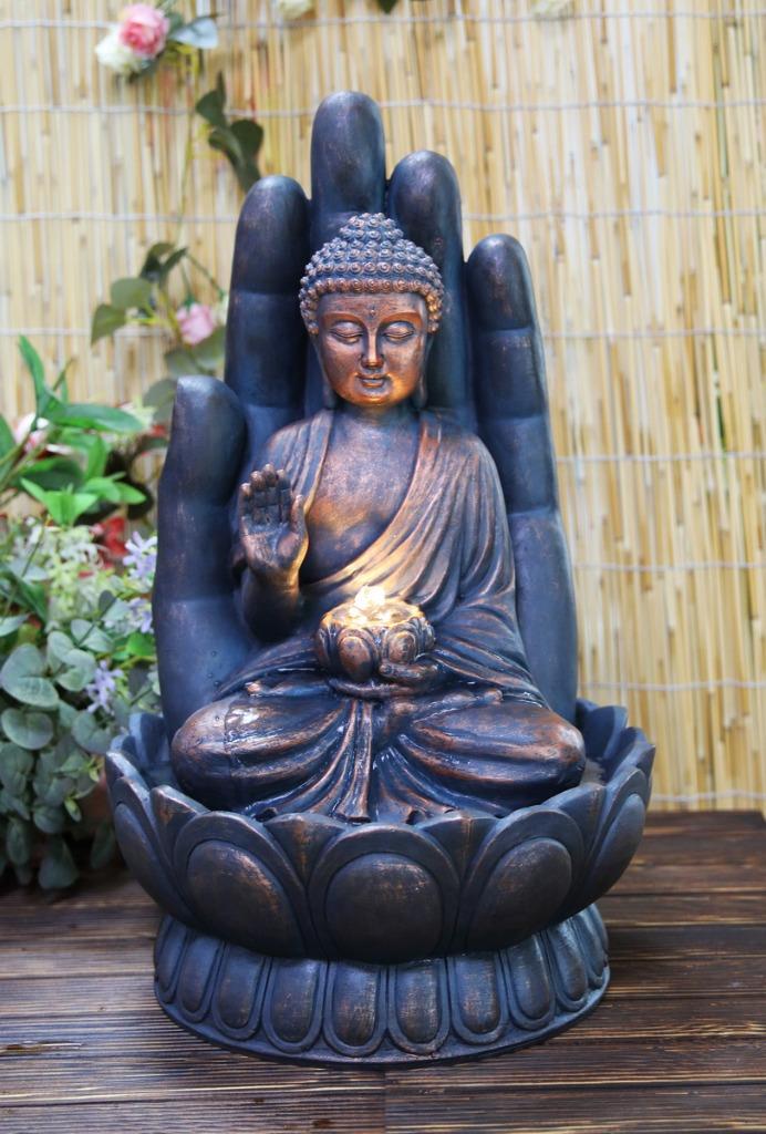 Palm Buddha Innen Außen Polyresin Wasserbrunnen Merkmal LED Lichter