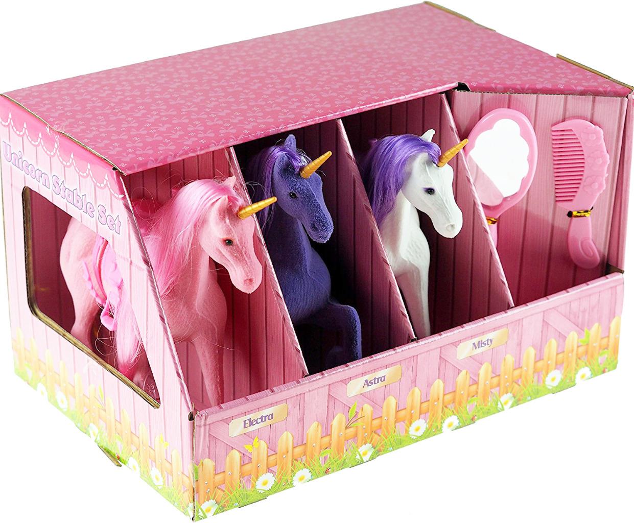 Set Of 3 Large Flocked Magic Unicorn Play Figures in Stable Play Set