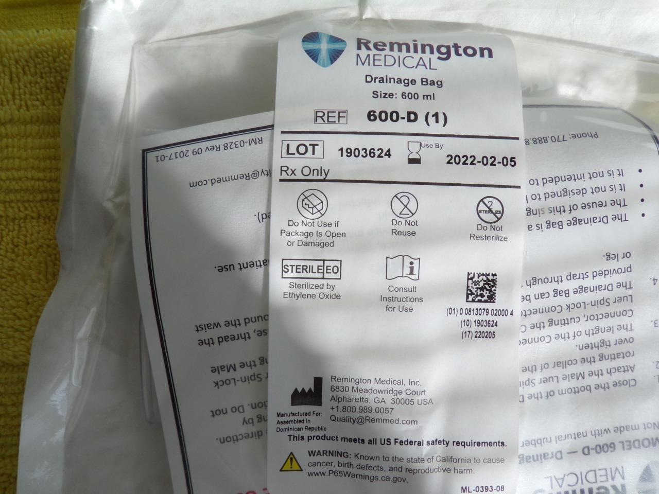 (2) Medical Nephrostomy Drain Bags Remington Medical 600 D 600ml eBay