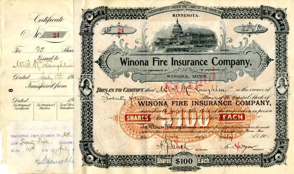 1904 Winona Fire Insurance Stock Certificate eBay