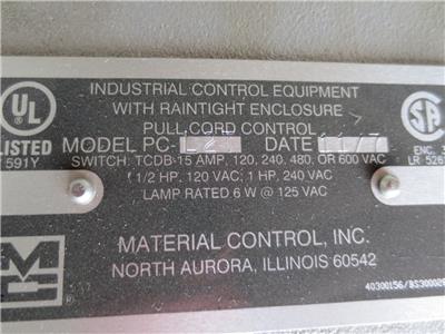 PC-L2T Pull Cord Switch w/ Raintight Enclosure TCDB-15 Amp Material Control Inc