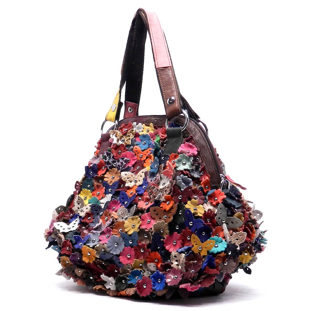 Genuine Leather Multi Color Flower Butterfly Hobo Shoulder Bag Handbag ...