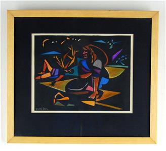 Judith Oren Sitting Woman Abstract Paper Cutout Watercolor Art
