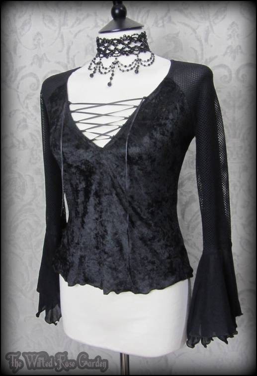 Gothic Black Crushed Velvet Fishnet Lace Up Top S 8 10 Witchy Romantic ...