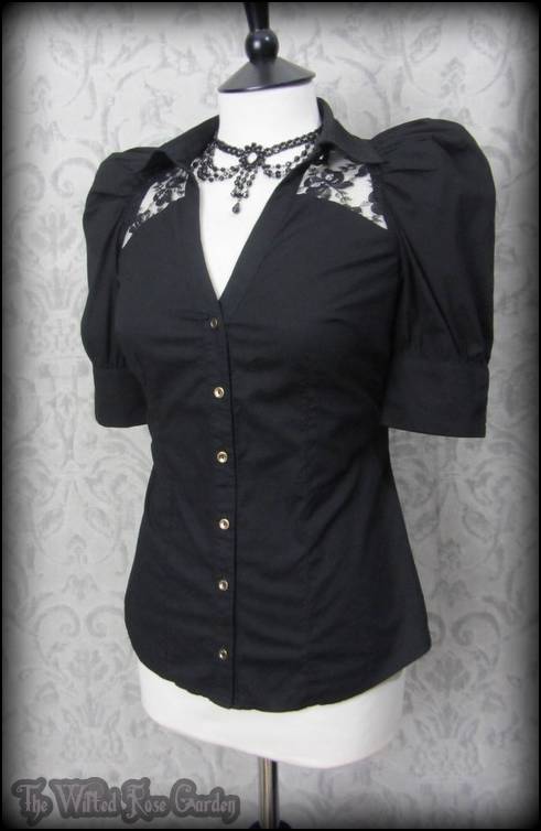 Victorian Gothic Black Bow Lace Puff Shoulder Shirt Blouse 8 Steampunk ...