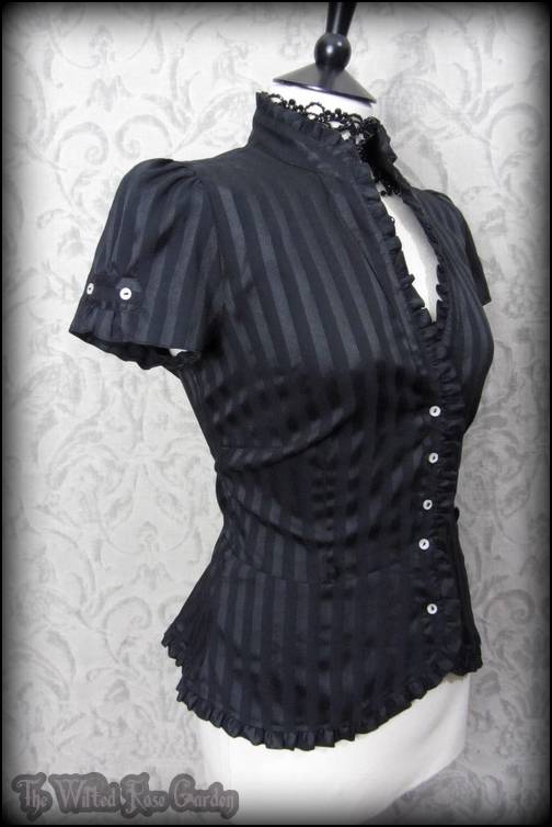 Elegant Gothic Black Satin Stripe Frilled High Collar Top 14 Victorian ...