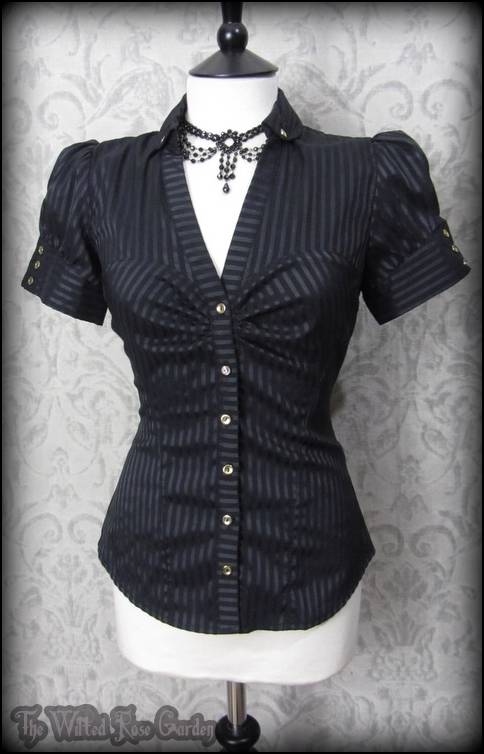 Elegant Gothic Black Satin Striped Puff Sleeve Top 10 Victorian ...
