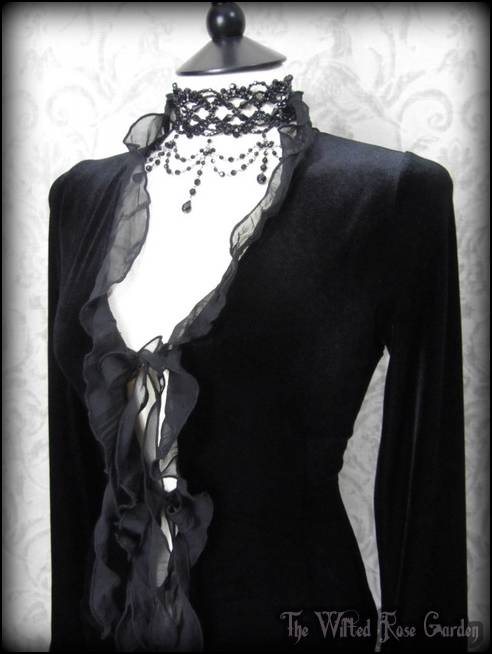 Romantic Goth Deep Black Velvet Ruffle Cardigan Top 14 16 Vintage ...