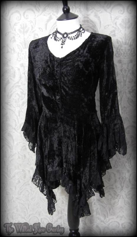Gothic Romantic Black Crushed Velvet Ruffled Lace Tunic Top L 12 Shabby ...