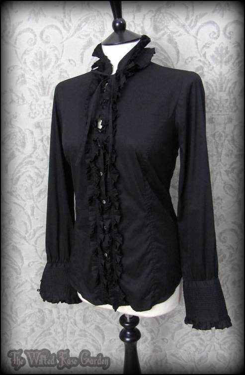 Gothic Victorian Black Frilly High Collar Ruffle Shirt M 10 12 Elegant ...