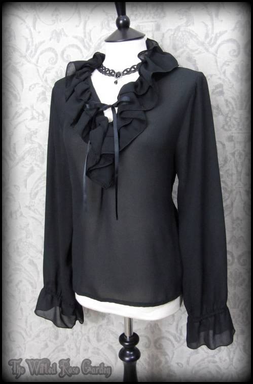 Elegant Goth Black Sheer Ruffle Tie Front Blouse 12 Victorian Vintage ...
