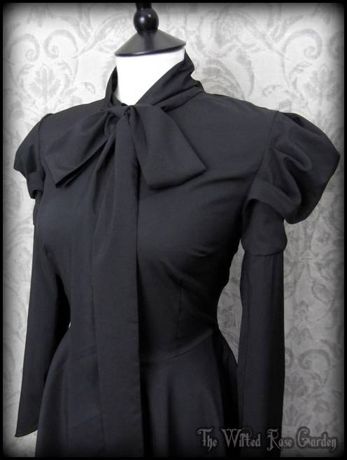 Gothic Black Puff Shoulder Tie Neck Ruffle Frock Blouse M 10 Victorian ...