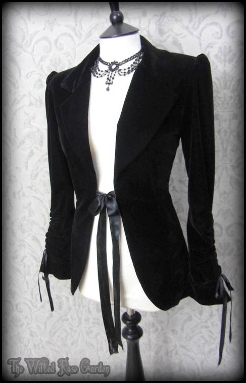 Elegant Gothic Jet Black Velvet Ribbon Tie Fitted Jacket 8 Vintage ...