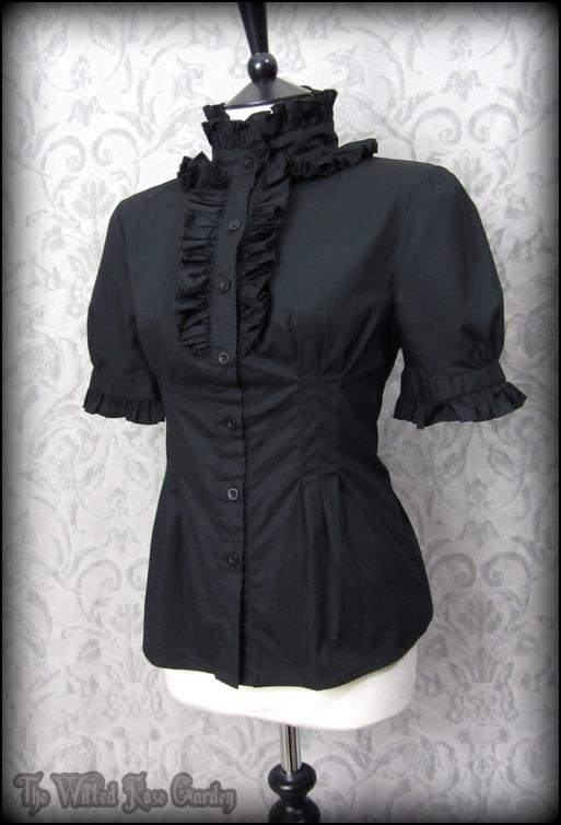 Frilly Black High Neck Puff Shoulder Shirt M 10 12 Romantic Goth ...