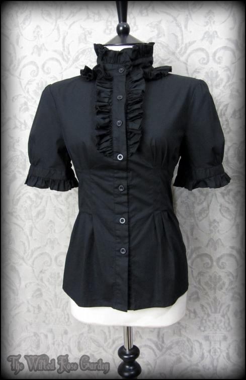 Frilly Black High Neck Puff Shoulder Shirt M 10 12 Romantic Goth ...