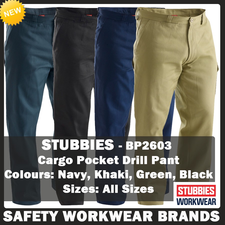 Stubbies Cargo Pocket Cotton Drill Pants Industrial Workwear Black Navy ...