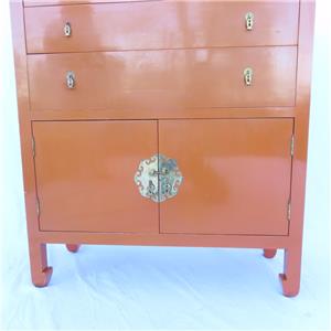 Vtg 1970s Chinese Lacquered Burnt Orange Tall Chest Dresser