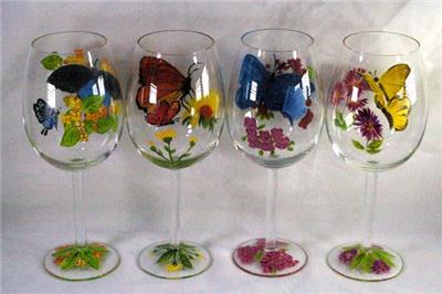 Clear Glass Hand Painted Butterflies Set Of 4 Water Goblets 8 3/4