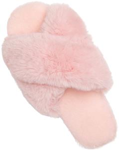Pink Woman Cross Band Pink Fur Slippers Soft Plush Fuzzy