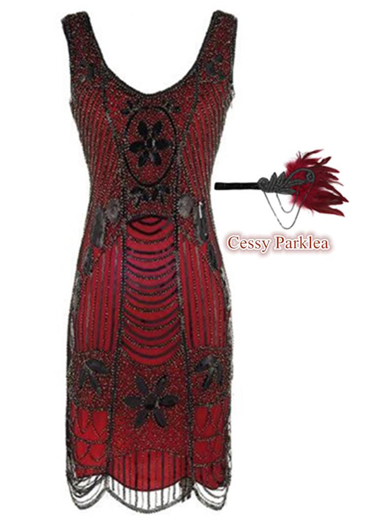 Deluxe Gatsby Ladies 1920s Roaring Party Flapper Costume Sequins Outfit Red 6-16