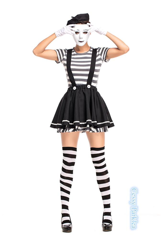 H2 Ladies Mesmerizing Mime Costume French Artist Clown Circus Fancy