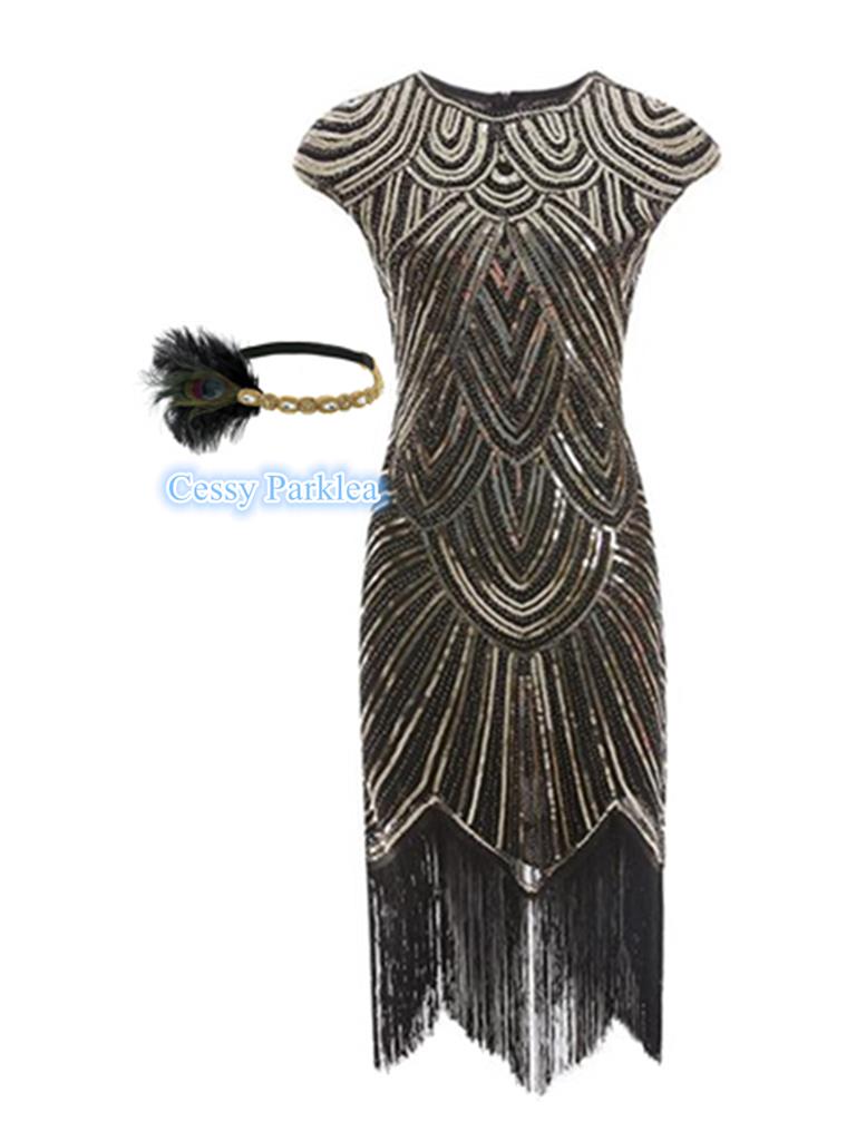 Deluxe Ladies 1920s Roaring 20s Flapper Gatsby Costume Sequins 6 16 Black Gold Ebay