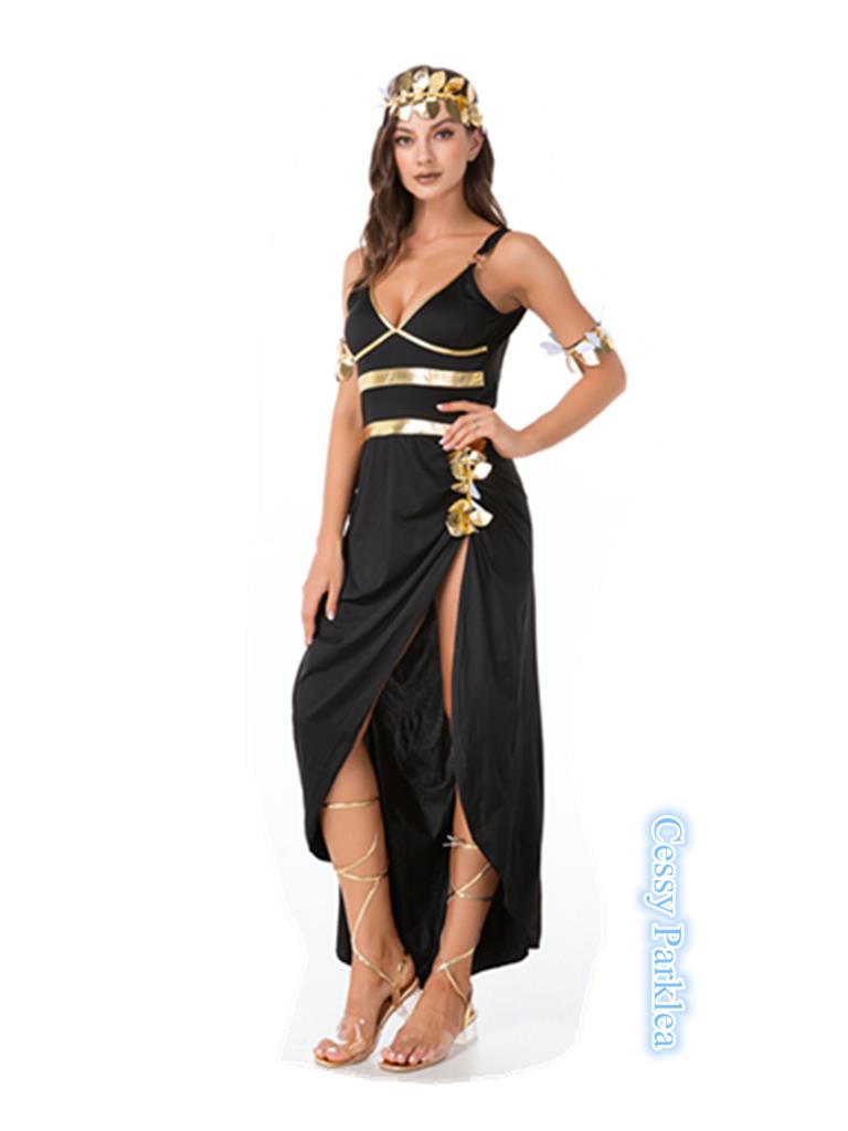 slim fit dress slacks Vintage Grecian Goddess Trim 70s Black Gold Evening Dress M –  rollwithitvintage main image 1