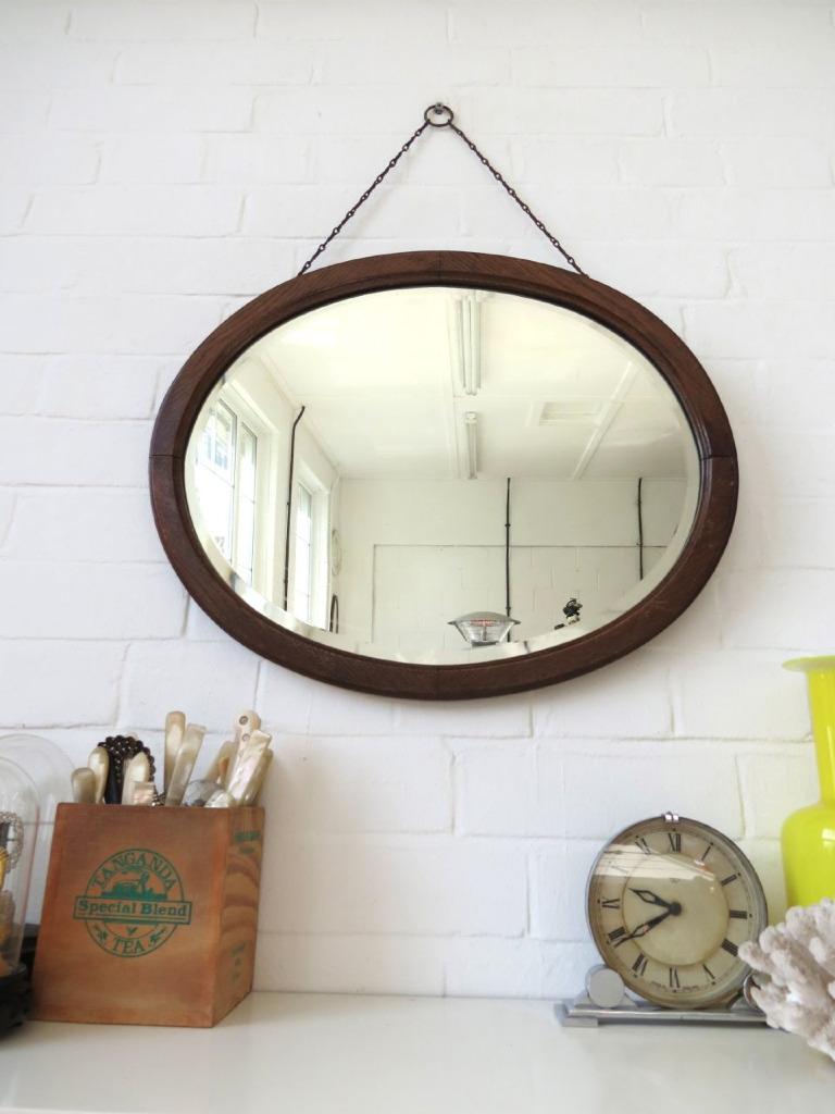 Vintage Large Oval Art Deco Bevelled Edge Wall Mirror with Wooden Frame ...