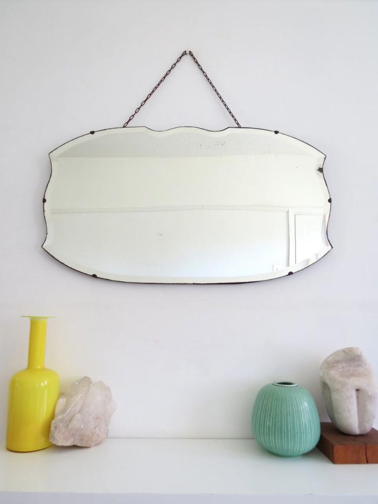 Vintage Art Deco Large Frameless Wall Mirror Bevelled Edge Vintage Art Deco Large Frameless Wall Mirror Bevelled Edge Overmantle With Chain