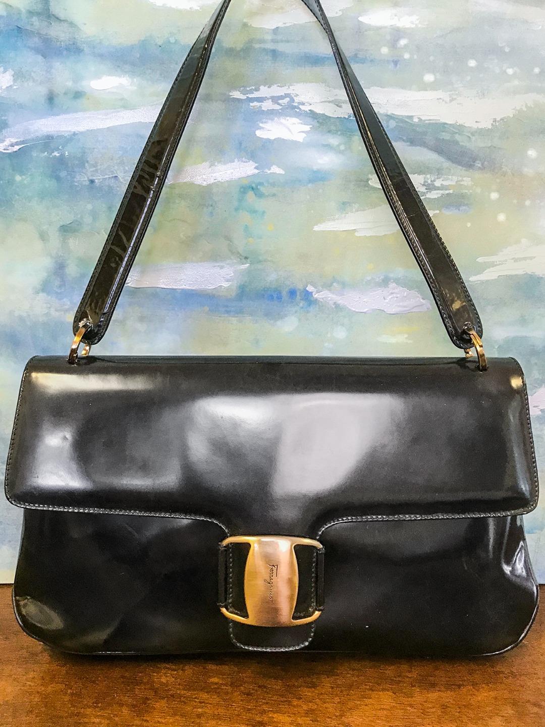 SALVATORE FERRAGAMO Black Patent Leather Gold Buckle Flap Shoulder Bag on SALE! | eBay