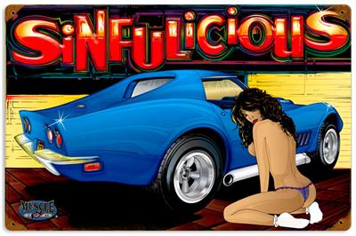 Hot Rod Pin Up Girl Muscle Car Metal Sign Man Cave Garage Body