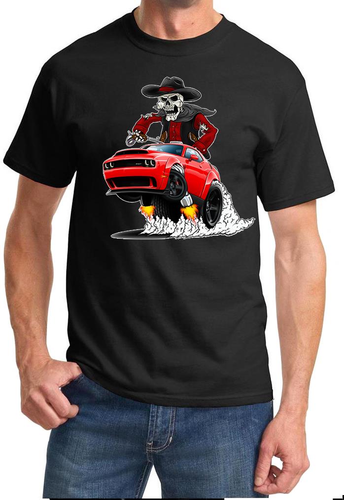 SRT Demon Challenger Cowboy Skeleton Red Car Design Tshirt NEW - Picture 2 of 2