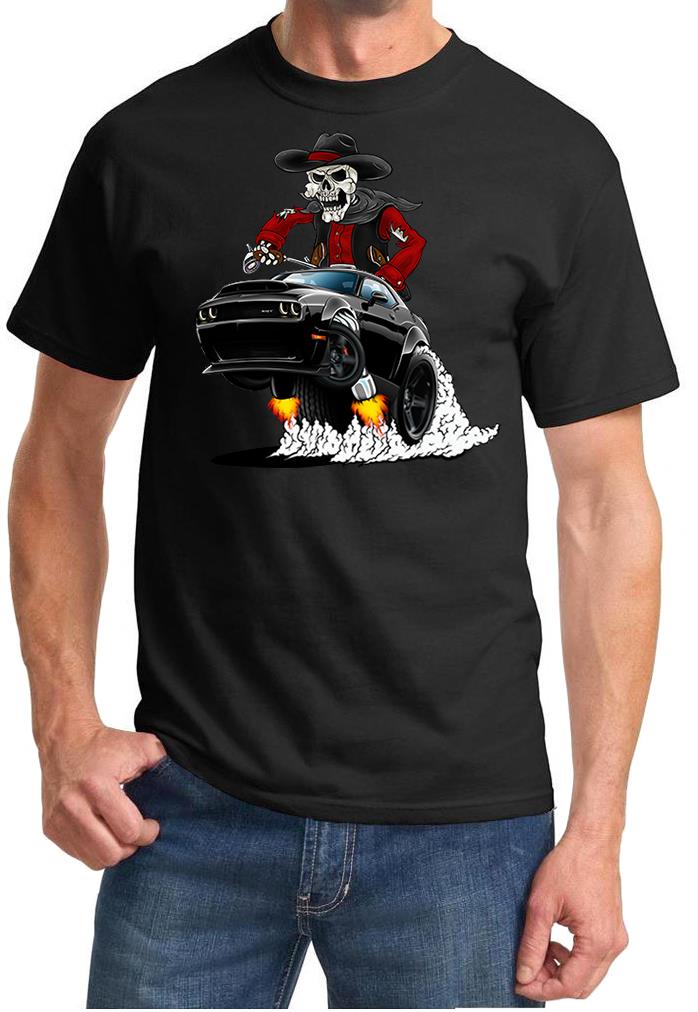 SRT Demon Challenger Cowboy Skeleton Black Car Design Tshirt NEW - Picture 2 of 12