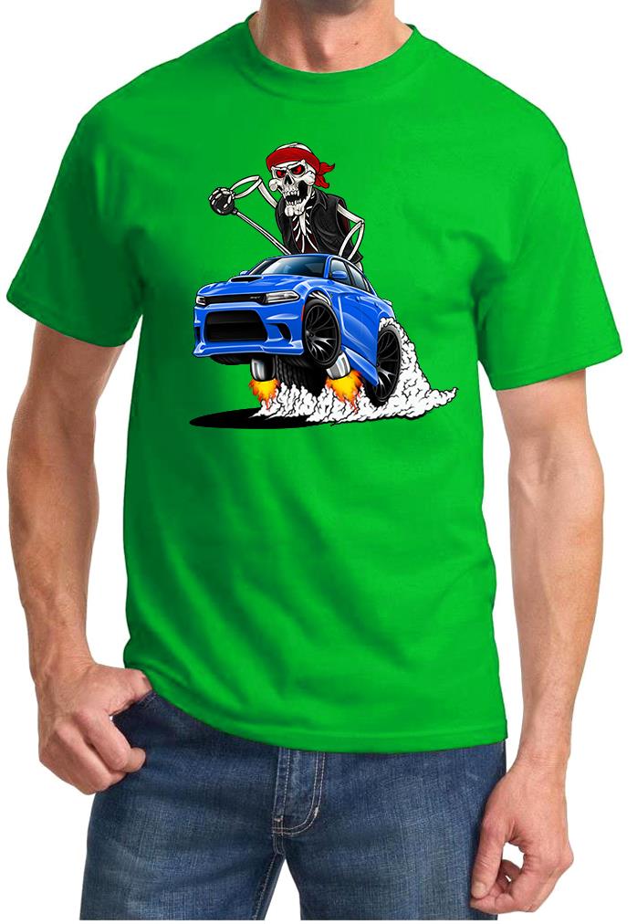 SRT Charger Hellcat Biker Skeleton Blue Car Design Tshirt NEW - Picture 9 of 11