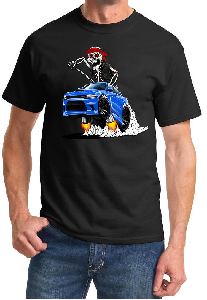 SRT Charger Hellcat Biker Skeleton Blue Car Design Tshirt NEW - Picture 2 of 11